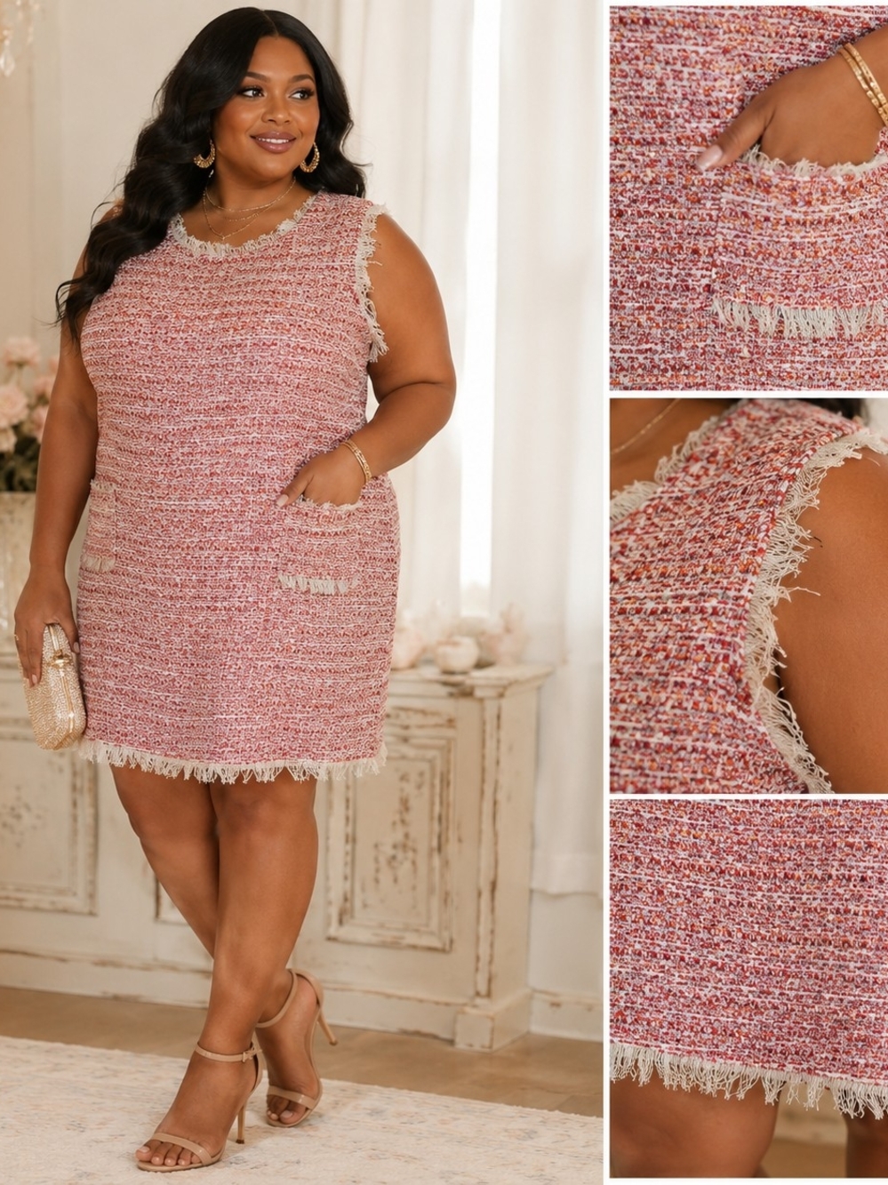 Fate Curve Pink Tweed Mini Dress with Fringe Trim NWT SZ 2X 26" PTP